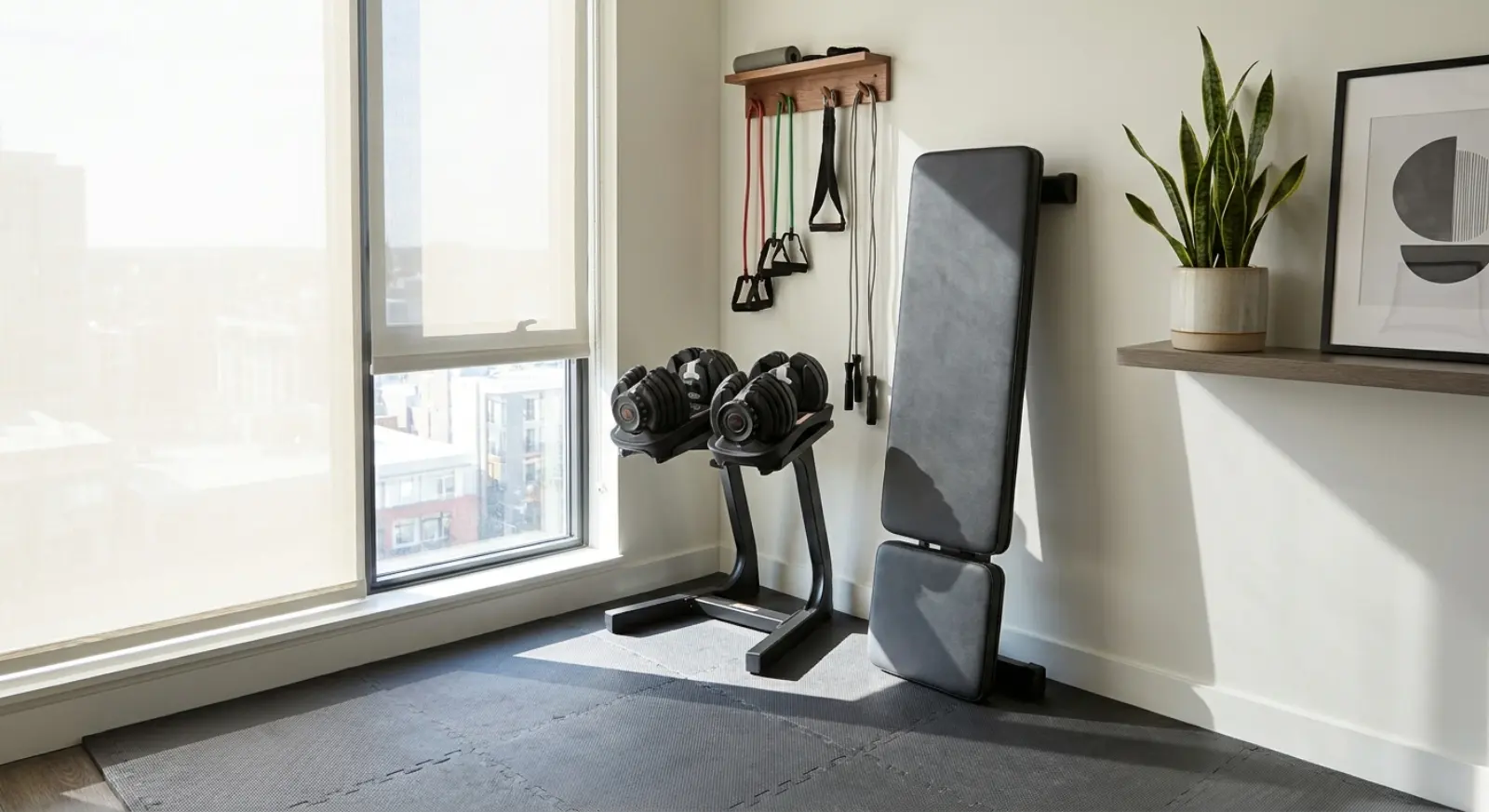 A compact apartment-corner home gym with adjustable dumbbells, a foldable bench, and a wall rack