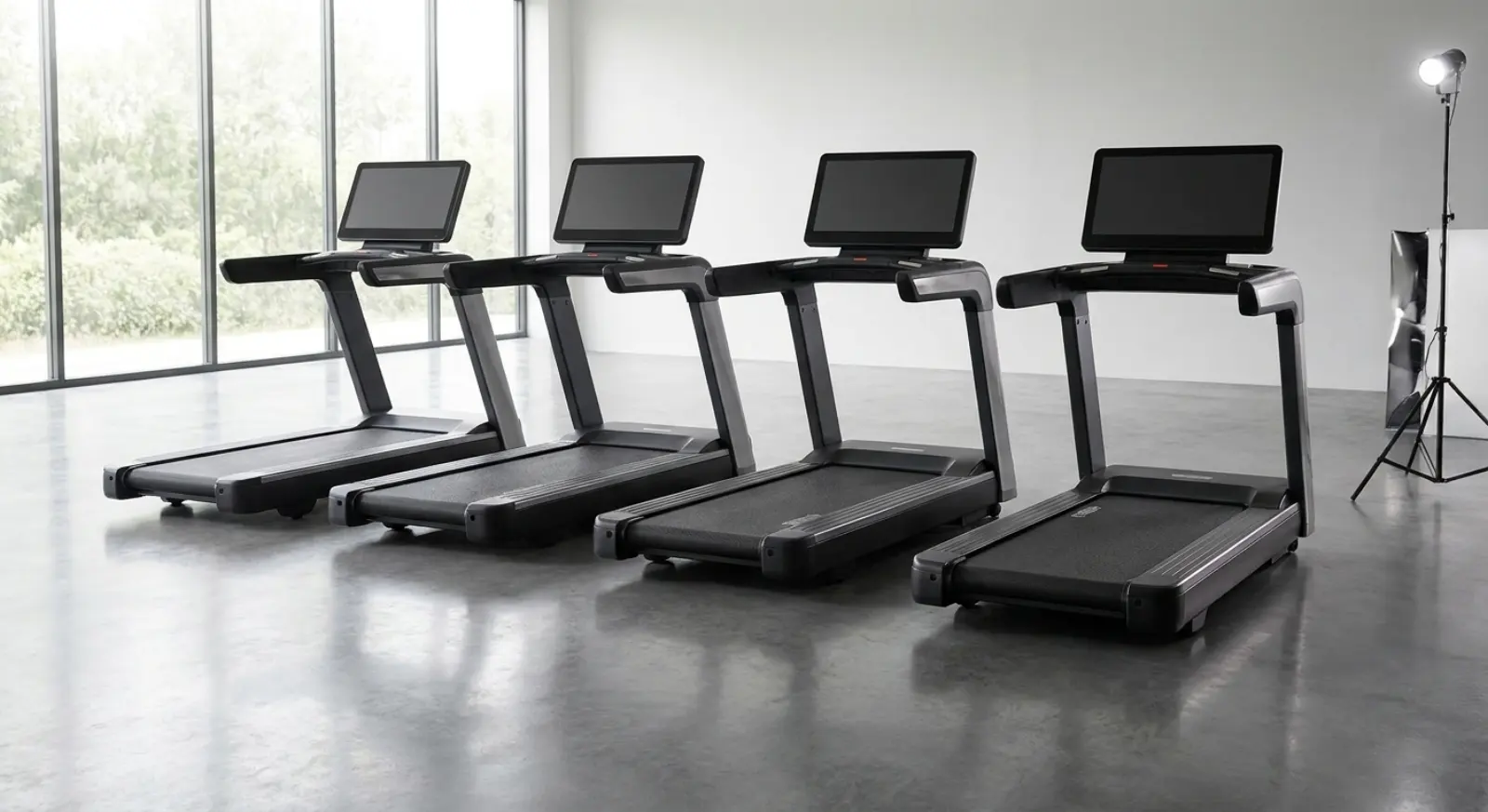 A row of four premium commercial treadmills lined up in a bright modern showroom