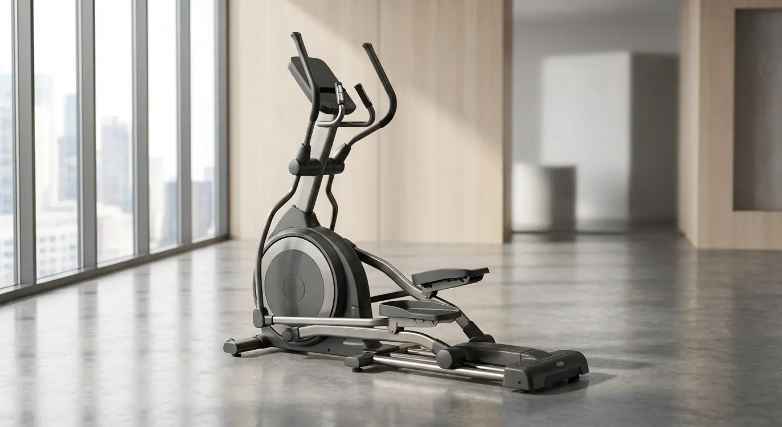 A premium commercial elliptical cross-trainer in a bright showroom with city-view windows