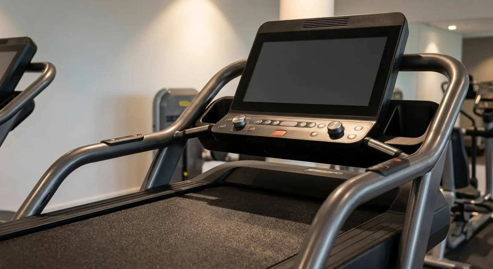 Close-up of a commercial treadmill's console, handrails, and textured running deck in a modern gym