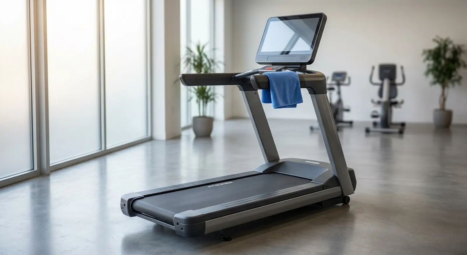 A clean, well-maintained used commercial treadmill prepped for resale in a tidy showroom