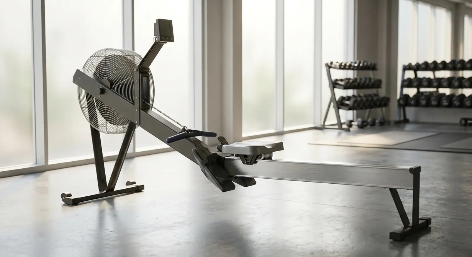 An air rowing machine with a large fan flywheel and a sliding seat on a long monorail in a gym